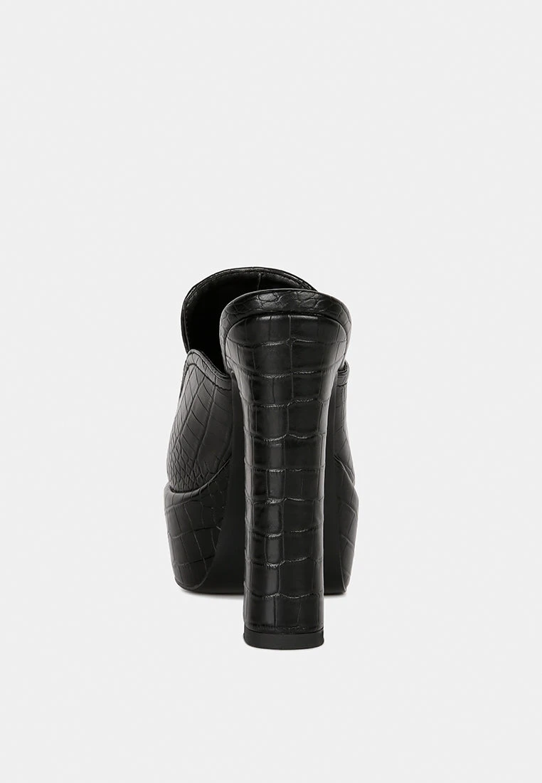 BAUHAUS Black Croc Pattern Heeled Platform Mules - Image 5