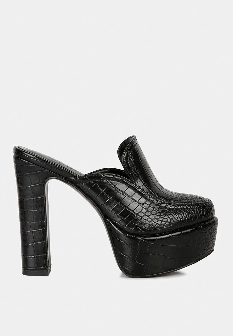 BAUHAUS Black Croc Pattern Heeled Platform Mules - Image 2