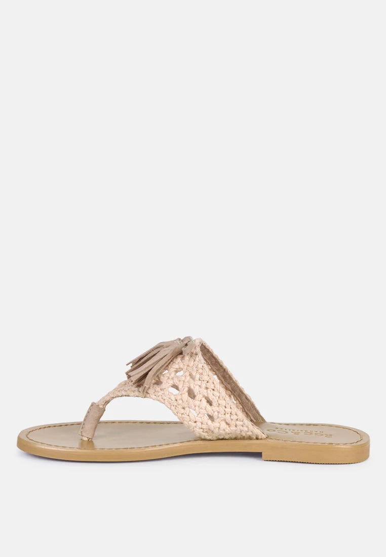 BEECH Handwoven Natural Latte Suede Tassel Thong Flats - Image 4