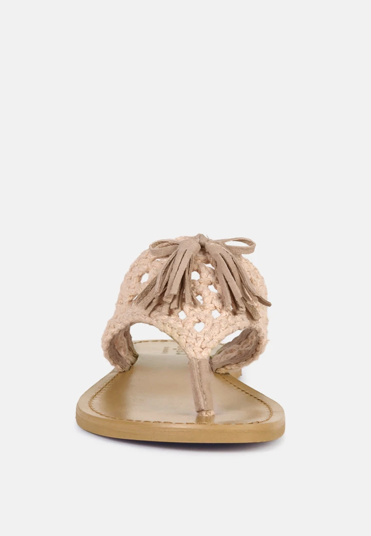 BEECH Handwoven Natural Latte Suede Tassel Thong Flats - Image 3