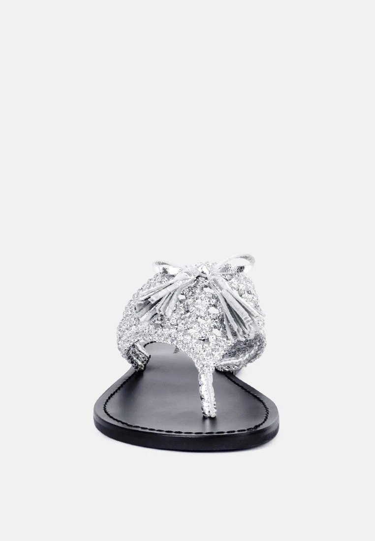 BEECH Handwoven Natural Silver Suede Tassel Thong Flats - Image 3