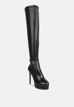 TWINKLES Patent Stiletto Heeled Long Boots In Black