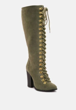 STREET-SLAY Antique Eyelets Lace Up Knee Boots In Olive