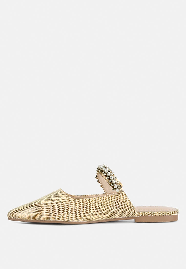 GEODE Pearl Embellished Slip On Mules In Beige - Image 4
