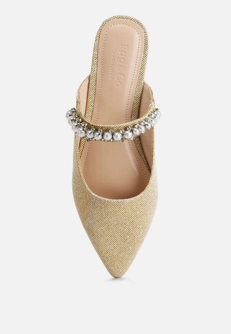 GEODE Pearl Embellished Slip On Mules In Beige - Image 6