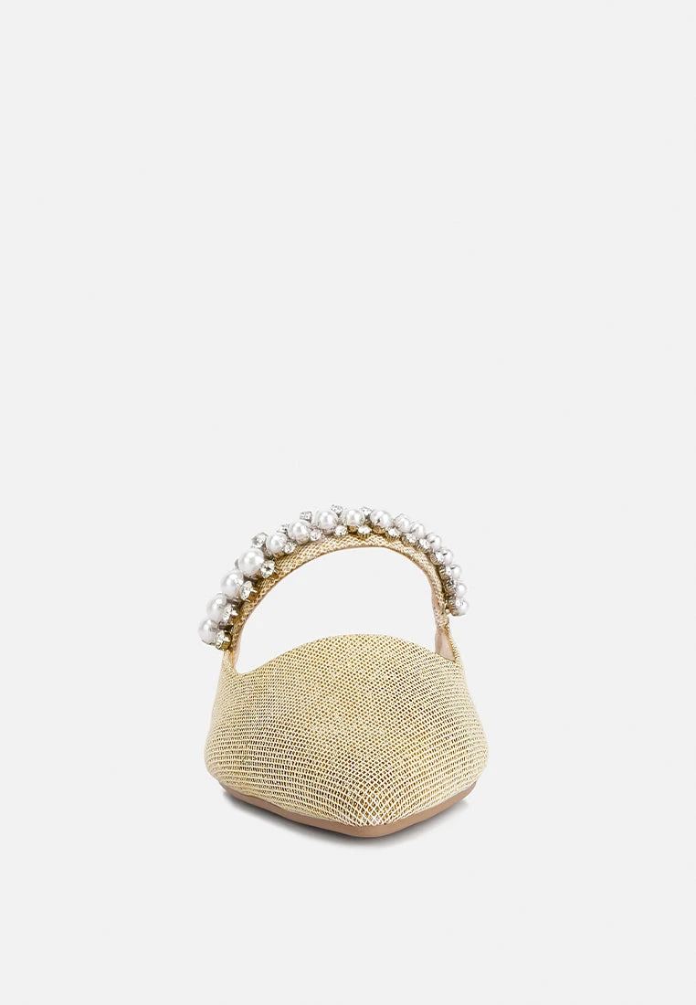 GEODE Pearl Embellished Slip On Mules In Beige - Image 3