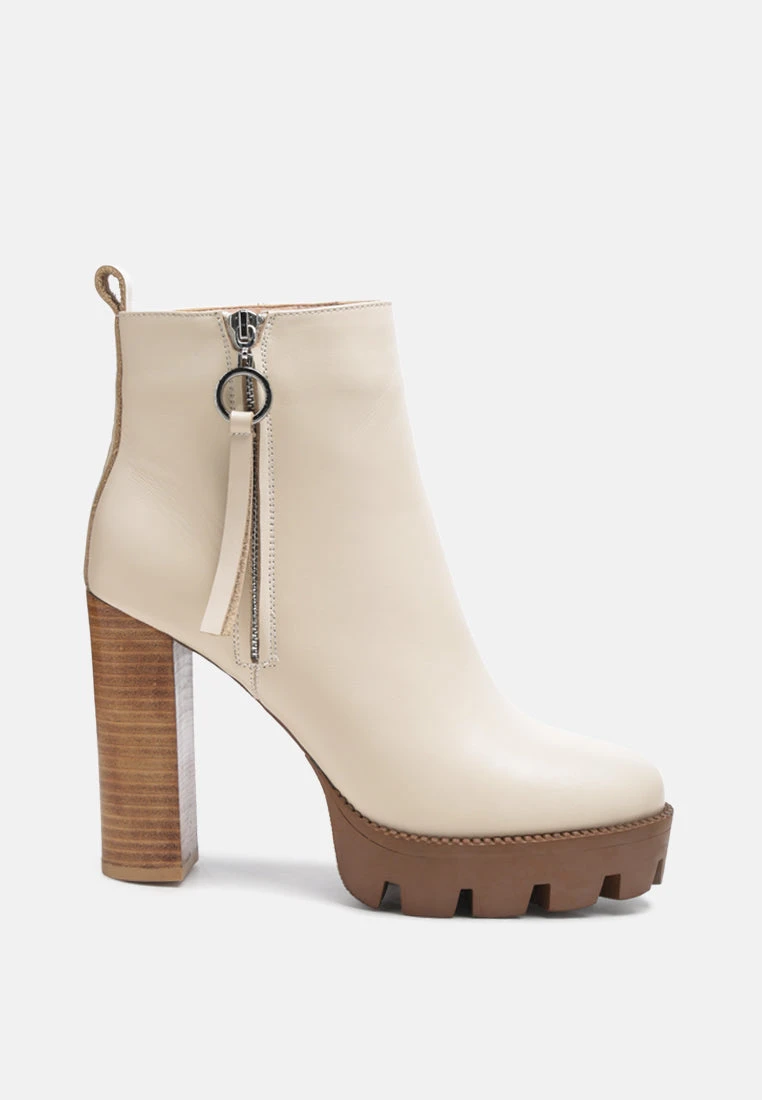 MISTRESS High Block Heeled Chunky Leather Boot In Beige - Image 2