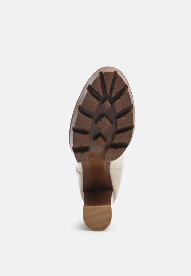 MISTRESS High Block Heeled Chunky Leather Boot In Beige - Image 5