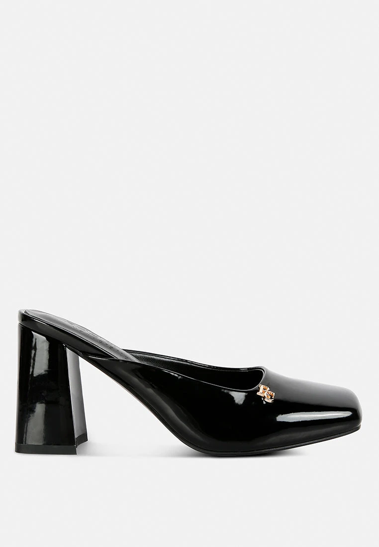 NEOPLAST Black Patent PU Block Heeled Mules - Image 2
