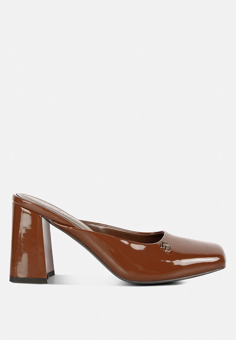NEOPLAST Brown Patent PU Block Heeled Mules - Image 3