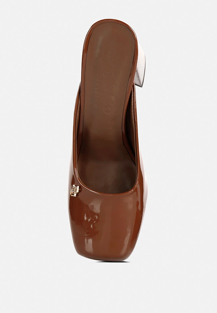 NEOPLAST Brown Patent PU Block Heeled Mules - Image 6