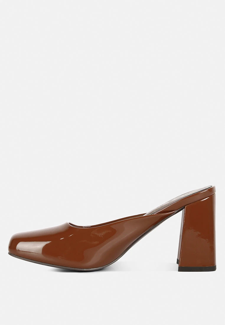 NEOPLAST Brown Patent PU Block Heeled Mules - Image 4
