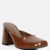 NEOPLAST Brown Patent PU Block Heeled Mules