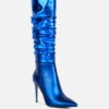 NEW-EXPRESSION Blue Metallic Ruched Stiletto Knee Boots