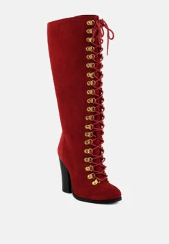 STREET-SLAY Antique Eyelets Lace Up Knee Boots In Red