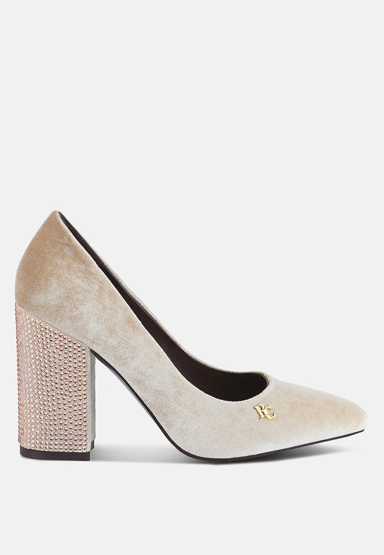 CYBER-GIRL Champagne Rhinestone Block Heeled Pumps - Image 2