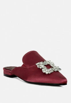 PERRINE Diamante Brooch Slip On Mules In Burgundy