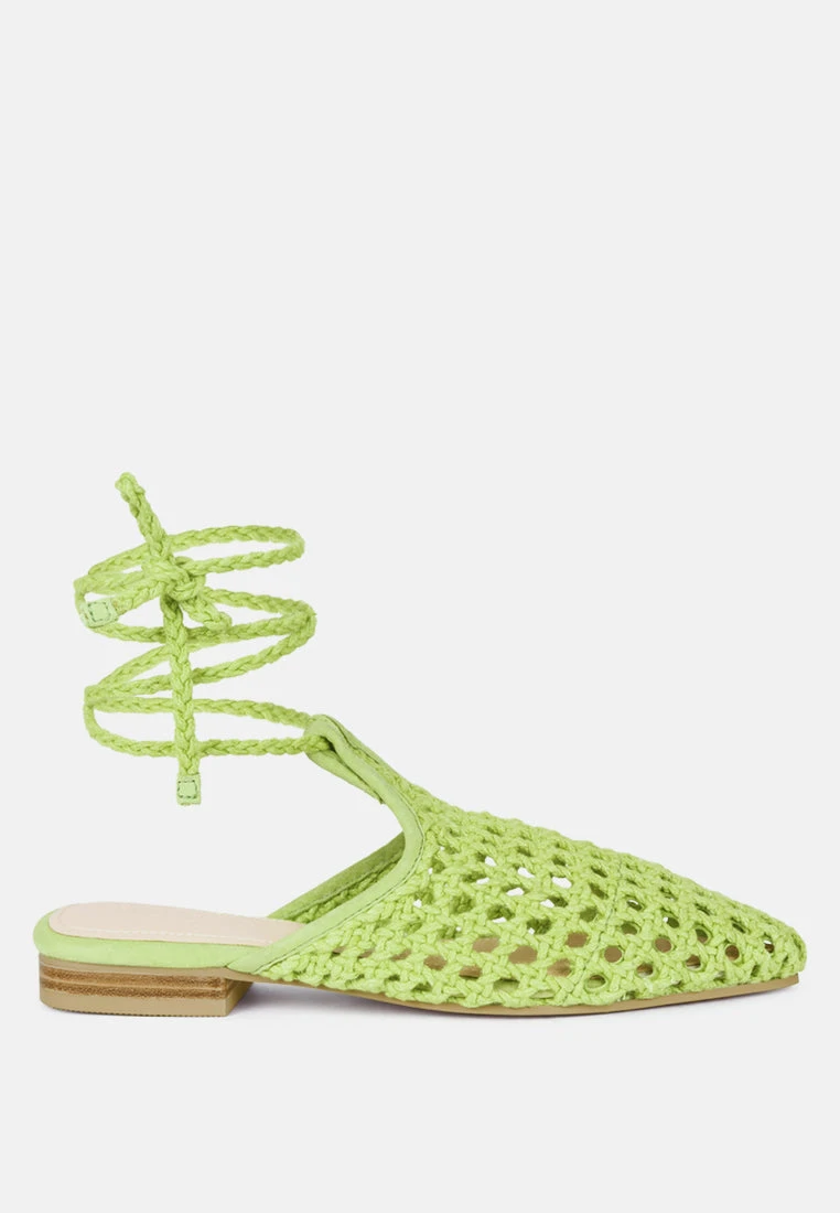TUTSI Green Handwoven Honeycomb Tie Up Flat Mules - Image 2