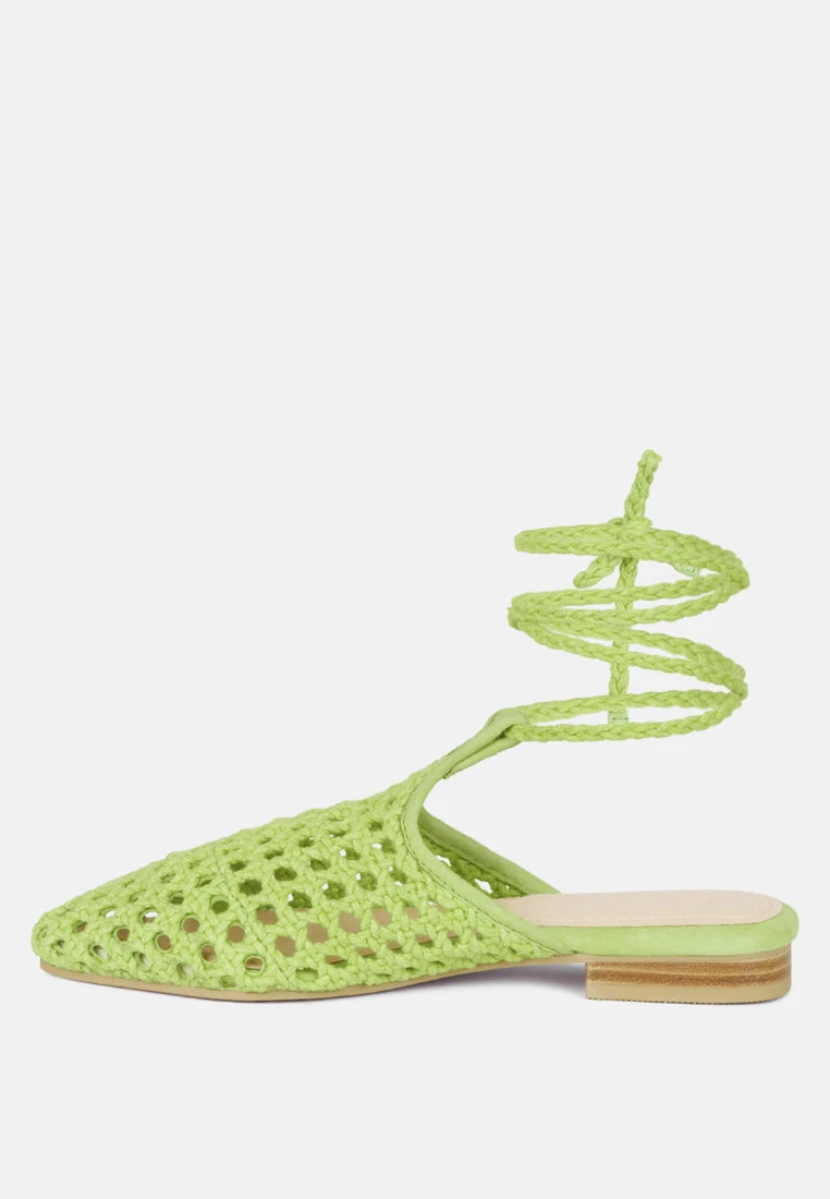 TUTSI Green Handwoven Honeycomb Tie Up Flat Mules - Image 4