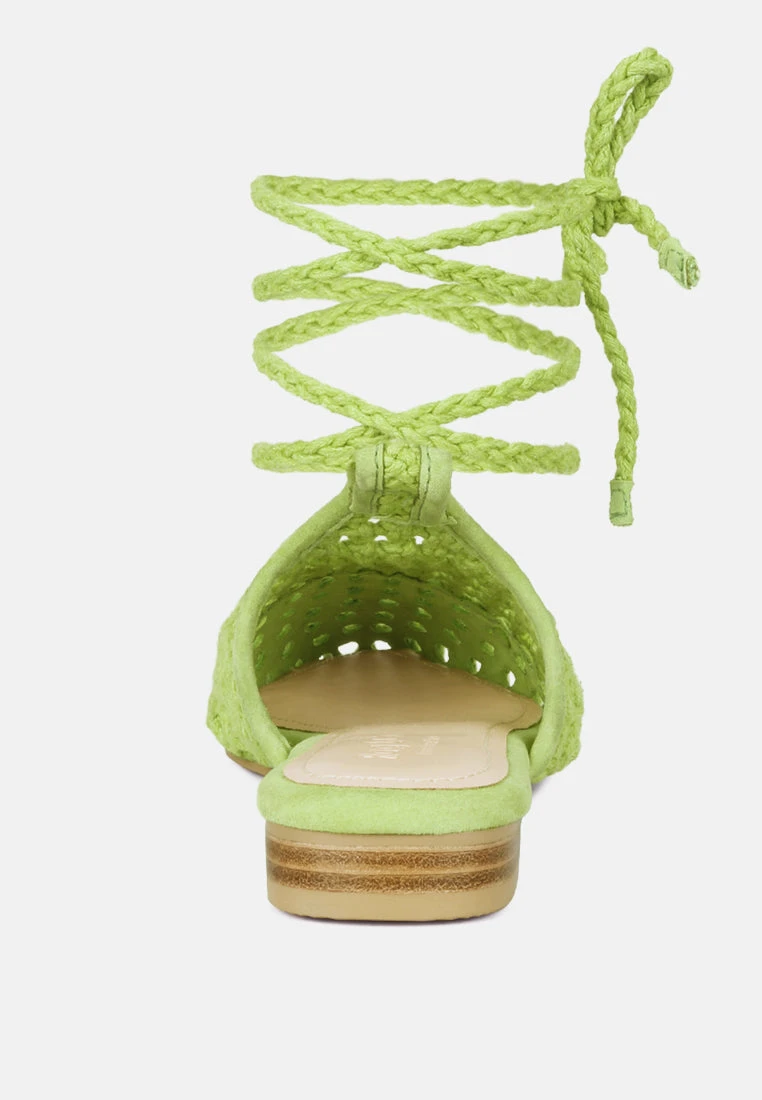 TUTSI Green Handwoven Honeycomb Tie Up Flat Mules - Image 5