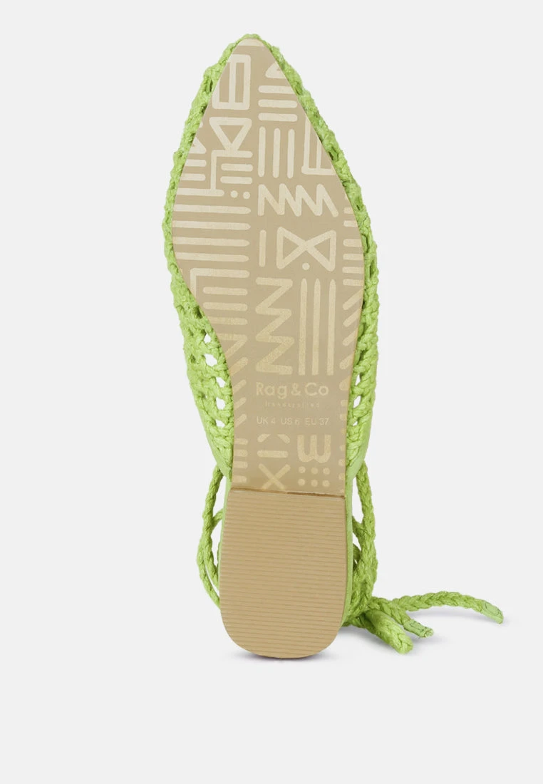 TUTSI Green Handwoven Honeycomb Tie Up Flat Mules - Image 6