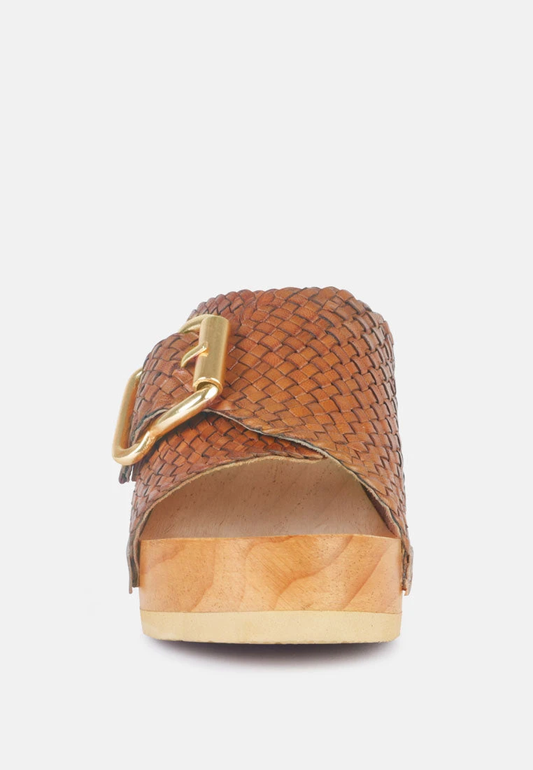 YORUBA Braided Tan Leather Buckled Slide Clogs - Image 3