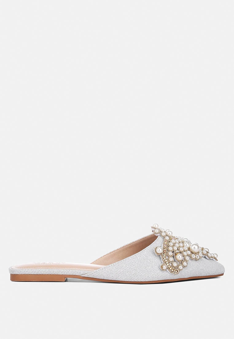 ASTRE Pearl Embellished Shimmer Mules In Silver - Image 2