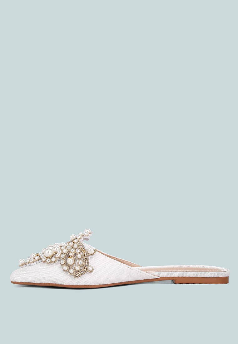 ASTRE Pearl Embellished Shimmer Mules In White - Image 4