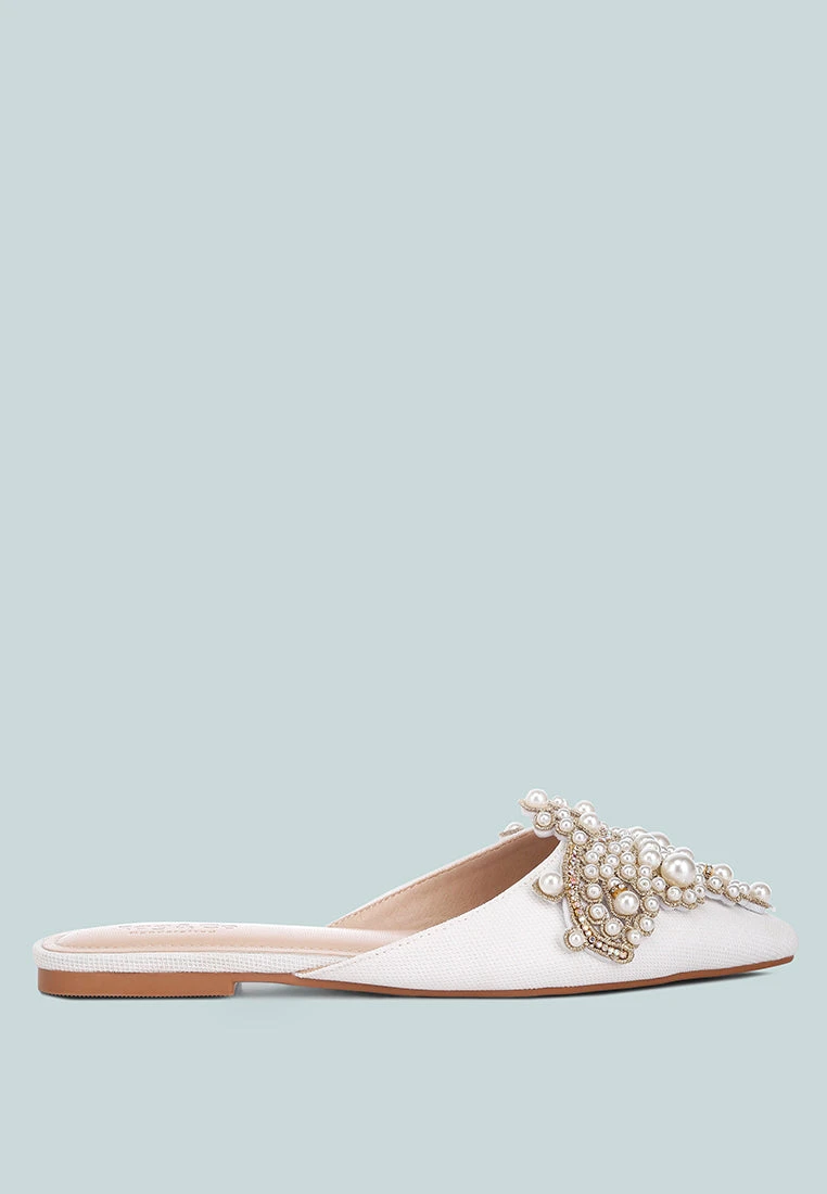 ASTRE Pearl Embellished Shimmer Mules In White - Image 2