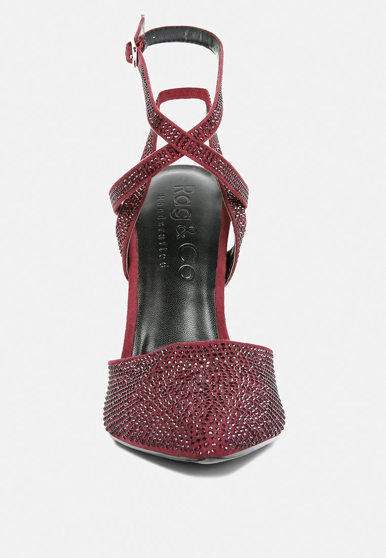 CHARMER Rhinestone Embellished Stiletto Sandals In Burgundy - Image 3