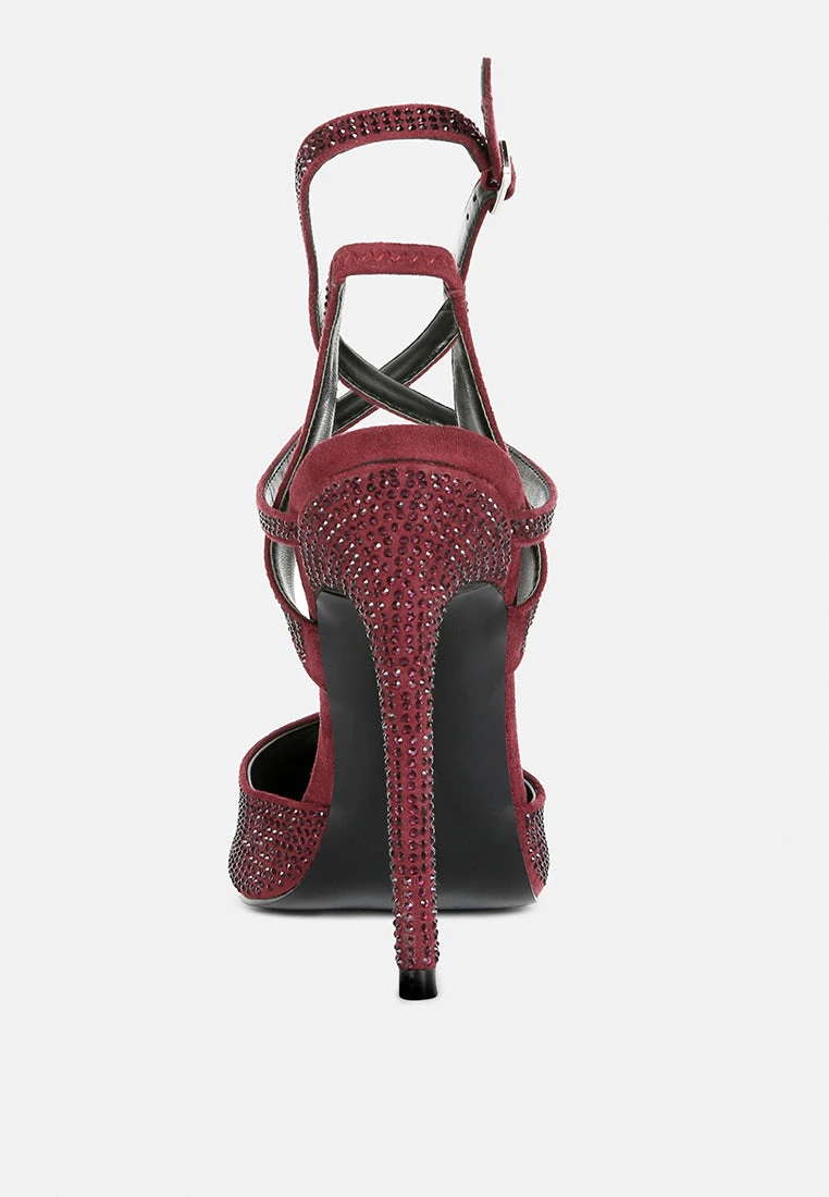 CHARMER Rhinestone Embellished Stiletto Sandals In Burgundy - Image 5