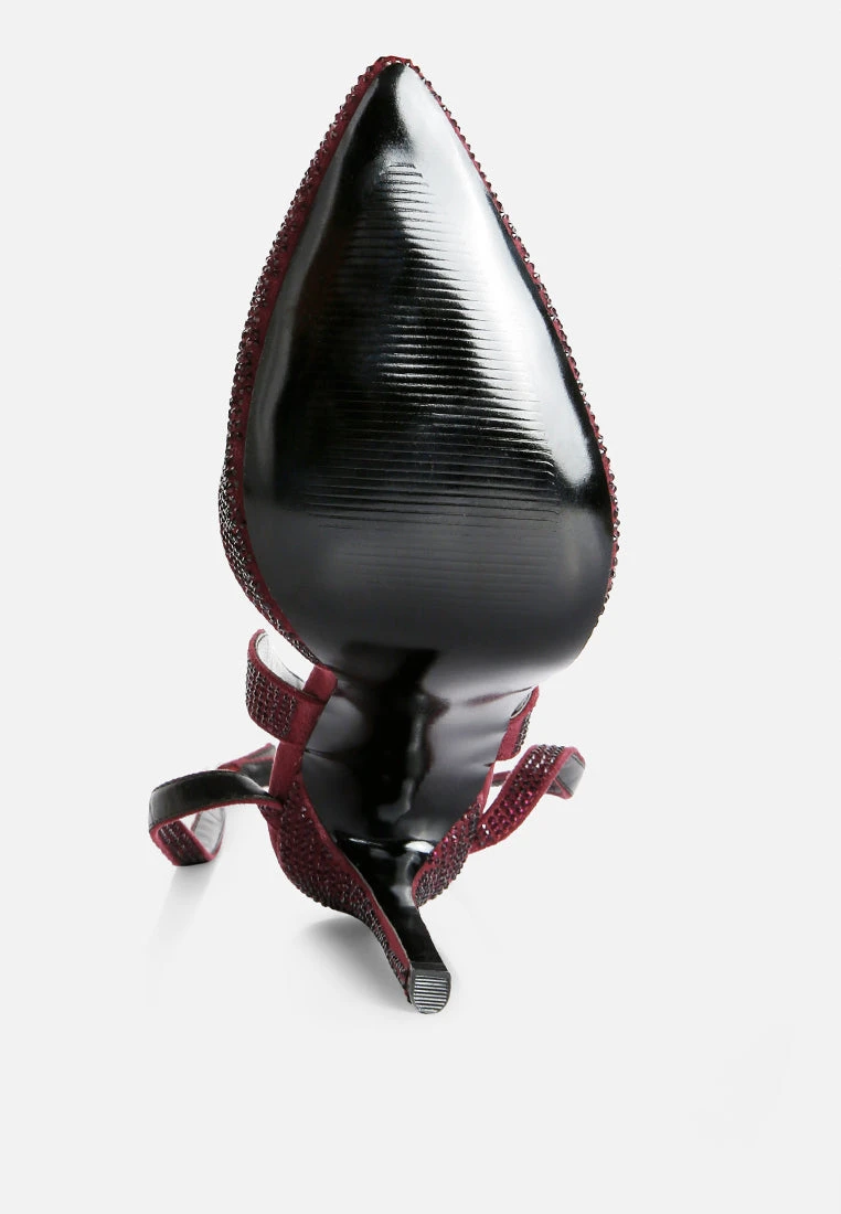 CHARMER Rhinestone Embellished Stiletto Sandals In Burgundy - Image 7