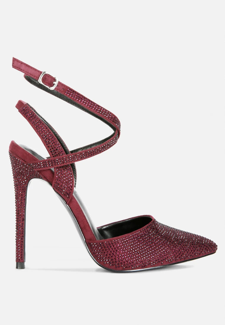 CHARMER Rhinestone Embellished Stiletto Sandals In Burgundy - Image 2