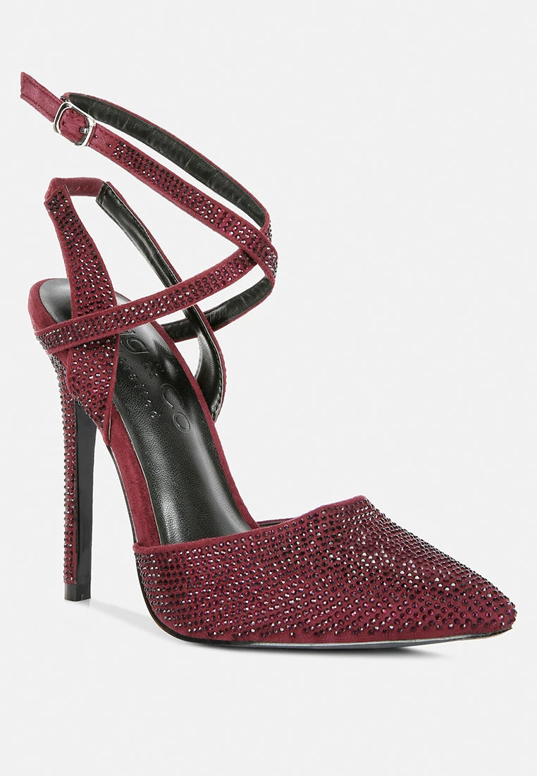 CHARMER Rhinestone Embellished Stiletto Sandals In Burgundy