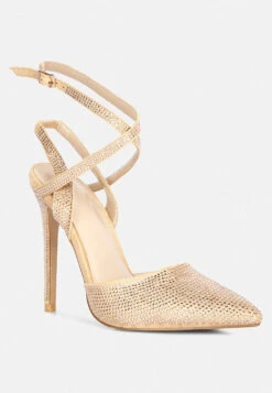 CHARMER Rhinestone Embellished Stiletto Sandals In Champagne