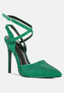 CHARMER Rhinestone Embellished Stiletto Sandals In Green
