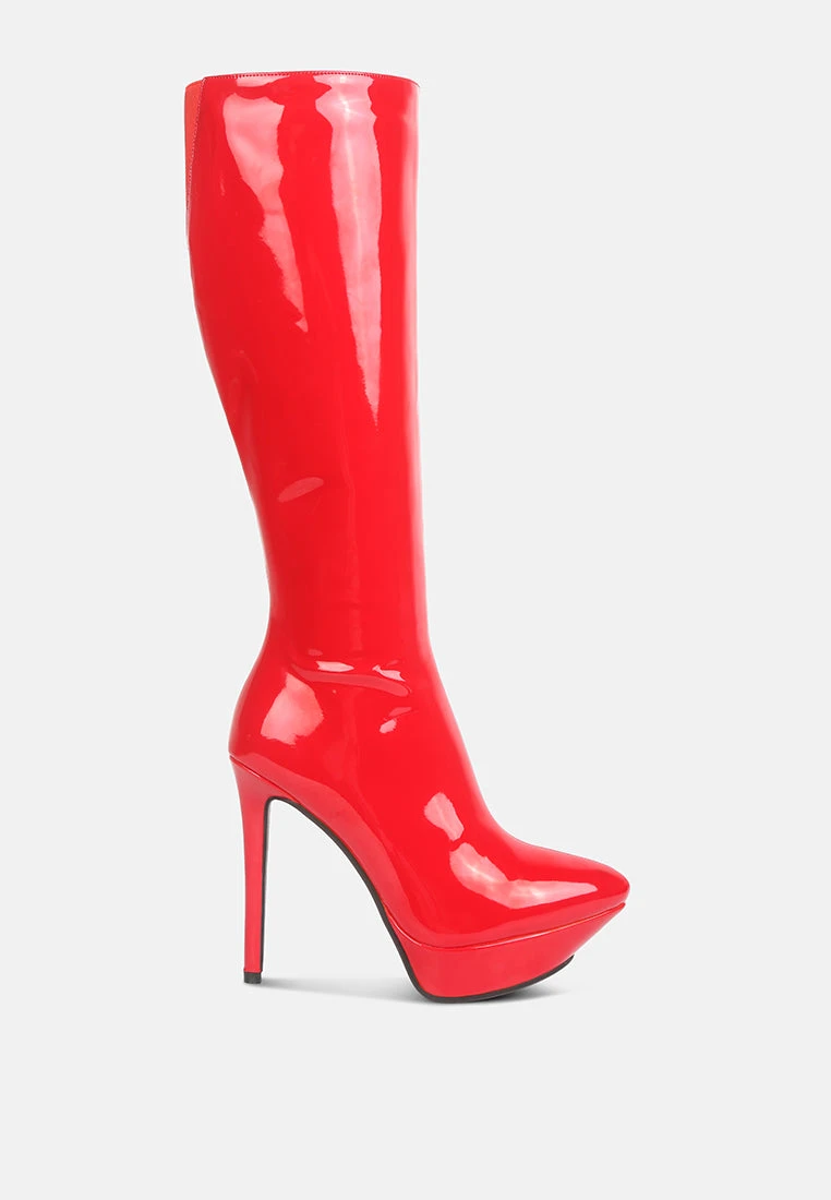 CHATTON Red Patent Stiletto High Heeled Calf Boots - Image 2