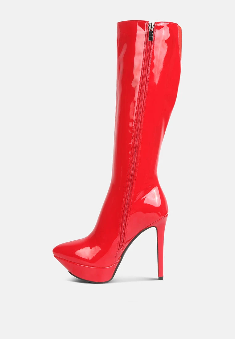 CHATTON Red Patent Stiletto High Heeled Calf Boots - Image 4