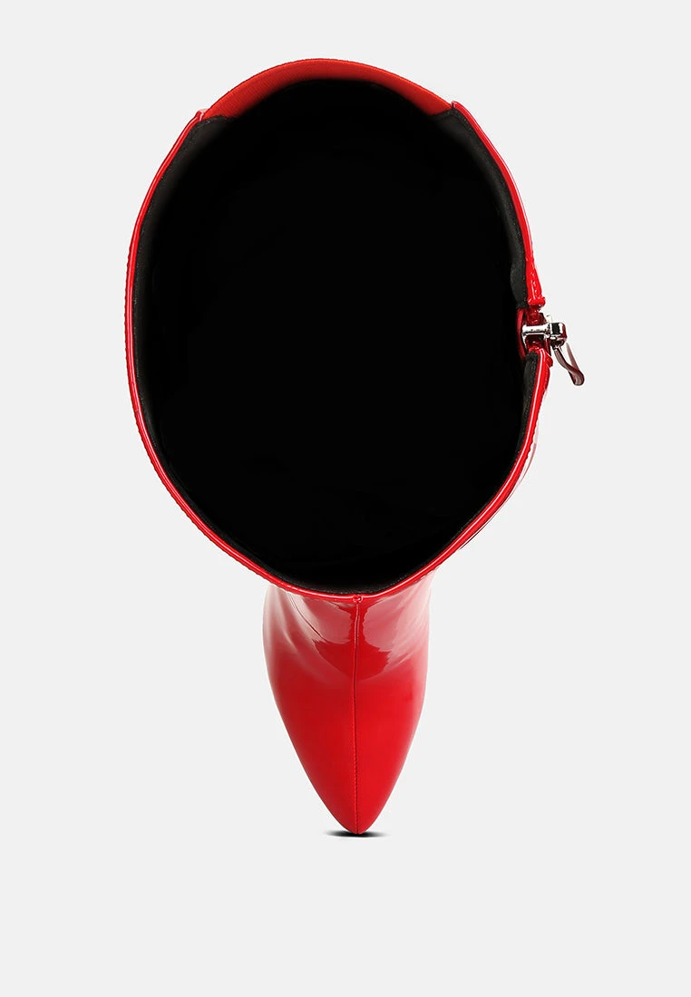 CHATTON Red Patent Stiletto High Heeled Calf Boots - Image 6