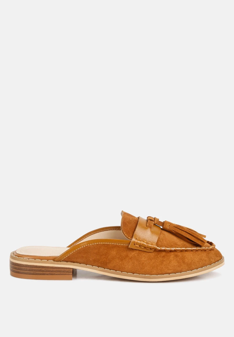 EDMANDA Tassle Detail Leather Mules In Light Tan - Image 2