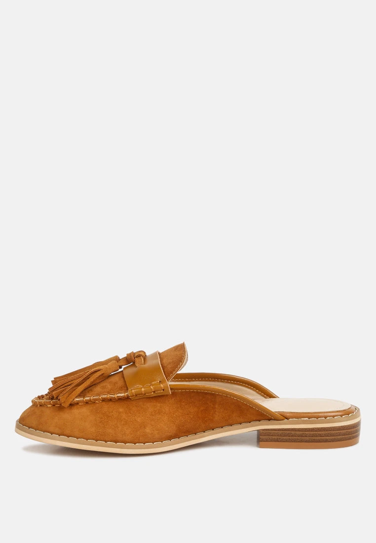 EDMANDA Tassle Detail Leather Mules In Light Tan - Image 4