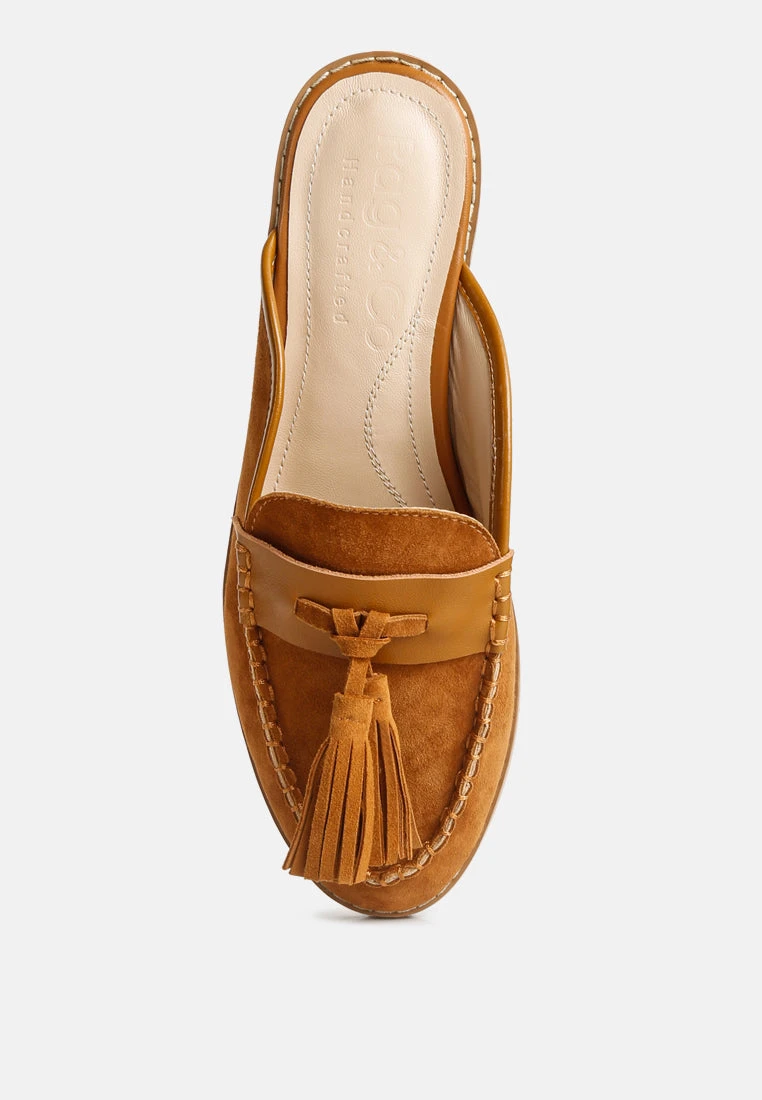 EDMANDA Tassle Detail Leather Mules In Light Tan - Image 6