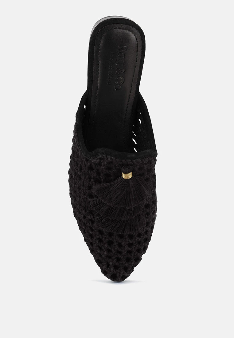 MIRIAM Black Woven Metallic Tassel Flat Mules - Image 6