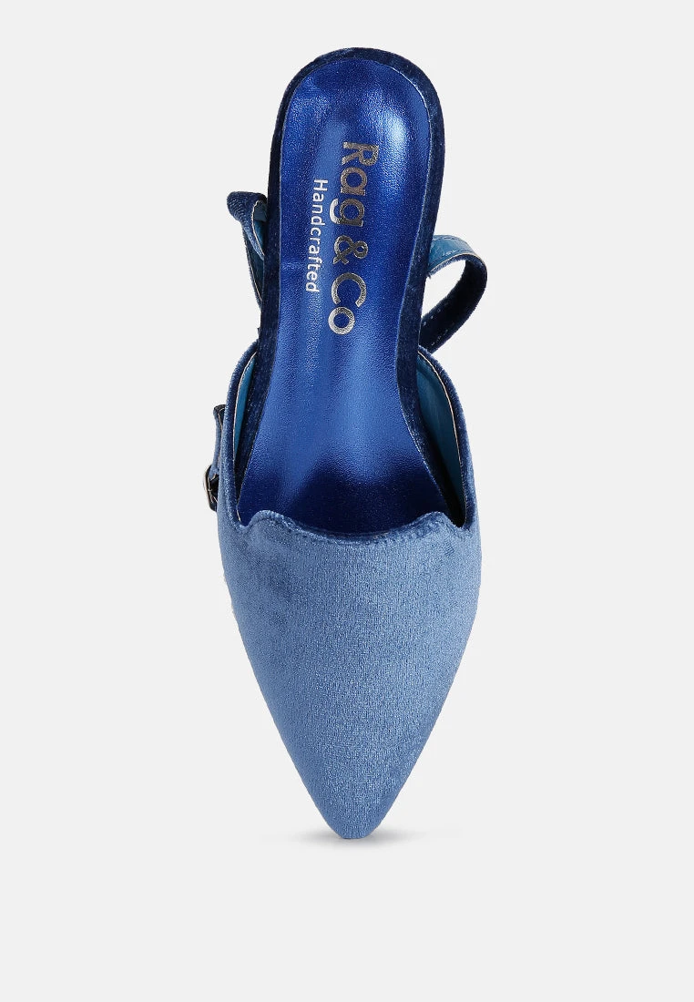 SALOME Blue Embellished Ankle Strap Velvet Mules - Image 6