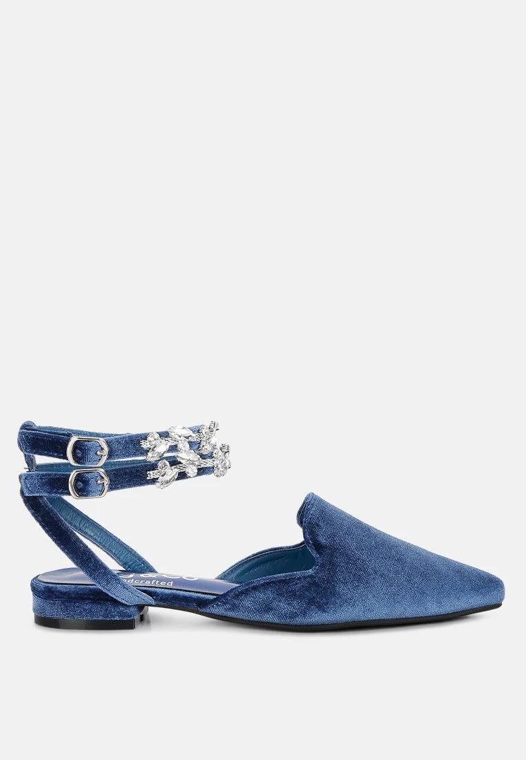 SALOME Blue Embellished Ankle Strap Velvet Mules - Image 2