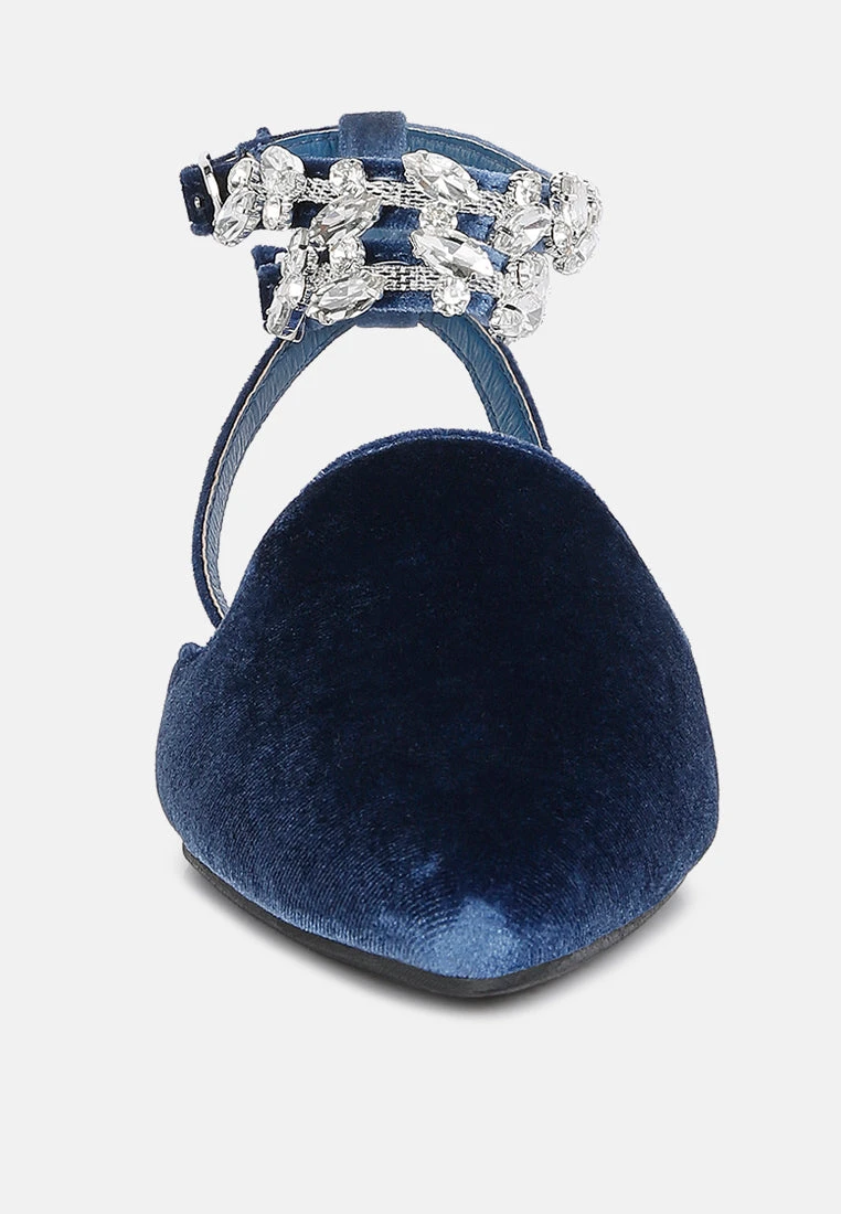 SALOME Blue Embellished Ankle Strap Velvet Mules - Image 3