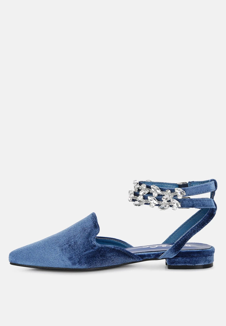SALOME Blue Embellished Ankle Strap Velvet Mules - Image 4