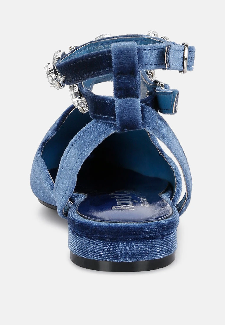 SALOME Blue Embellished Ankle Strap Velvet Mules - Image 5