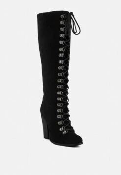 STREET-SLAY Antique Eyelets Lace Up Knee Boots In Black